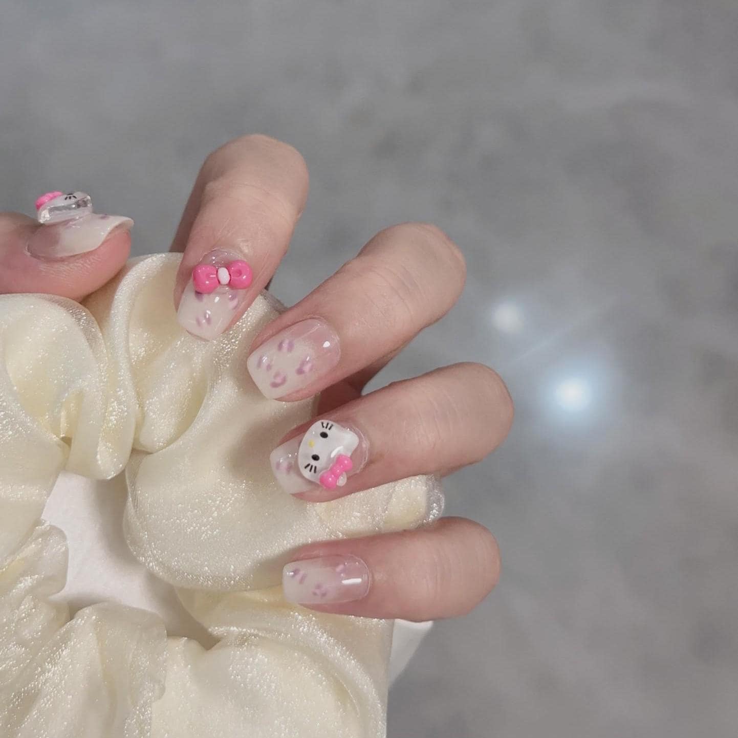 Luxury cute hello kitty handmade nails bow press on nails gel nails extra short nails pink nail