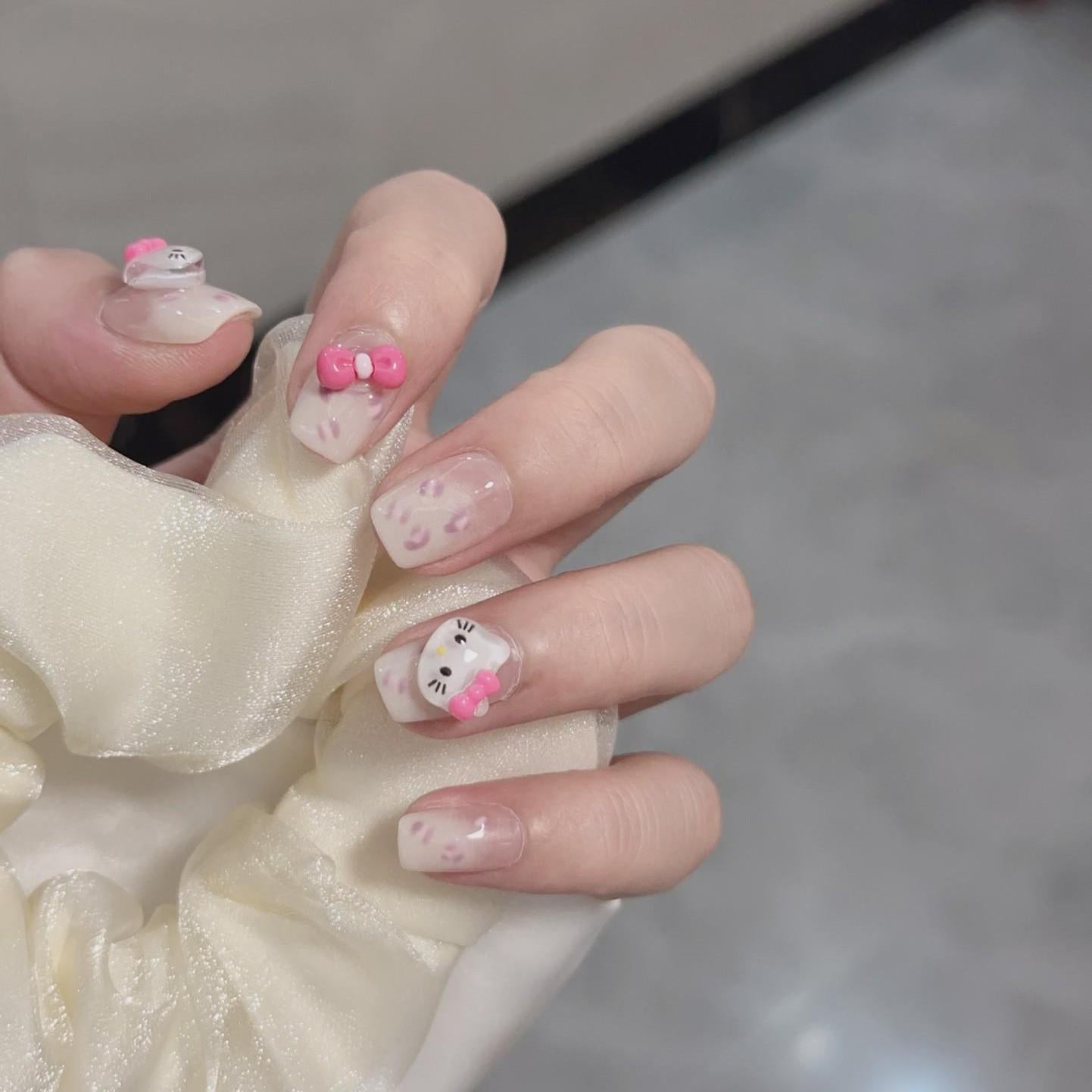 Luxury cute hello kitty handmade nails bow press on nails gel nails extra short nails pink nail